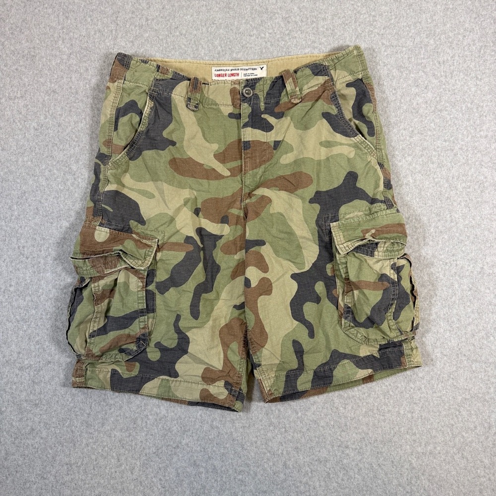 American Eagle Cargo Shorts Men 34 Camo Longer Length Military Utility Y2K Baggy